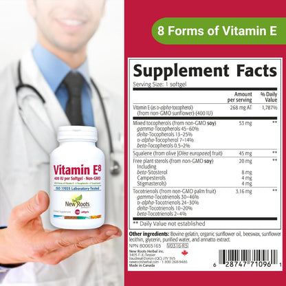NEW ROOTS HERBAL Vitamin E 400 IU Capsules — 8 Active Forms (Tocopherols & Tocotrienols) | 120 Softgels
