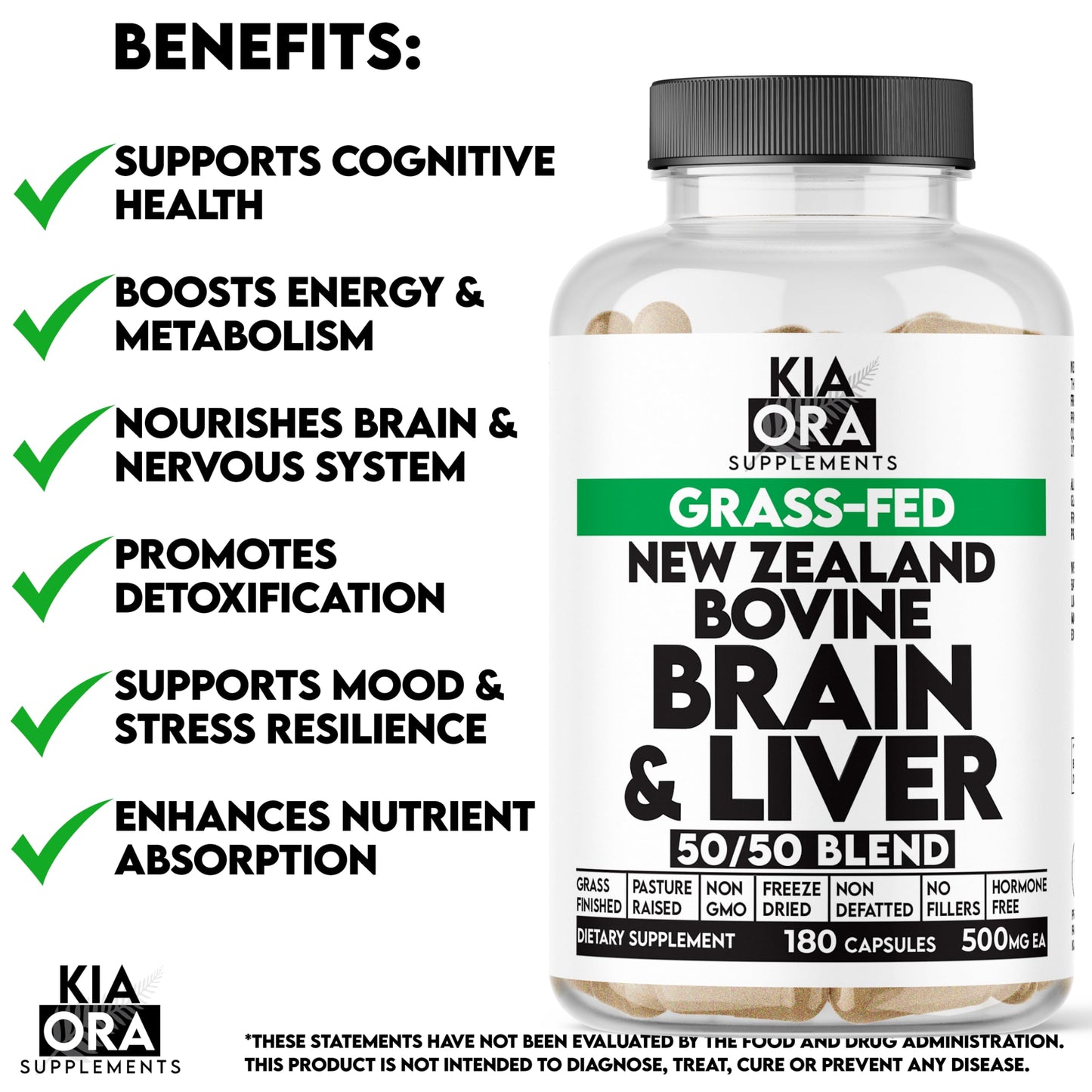 Grass-Fed Bovine Brain & Liver | Cognitive, Mood & Energy Support | New Zealand Sourced, Pasture-Raised, Freeze-Dried, Non-GMO | 180ct