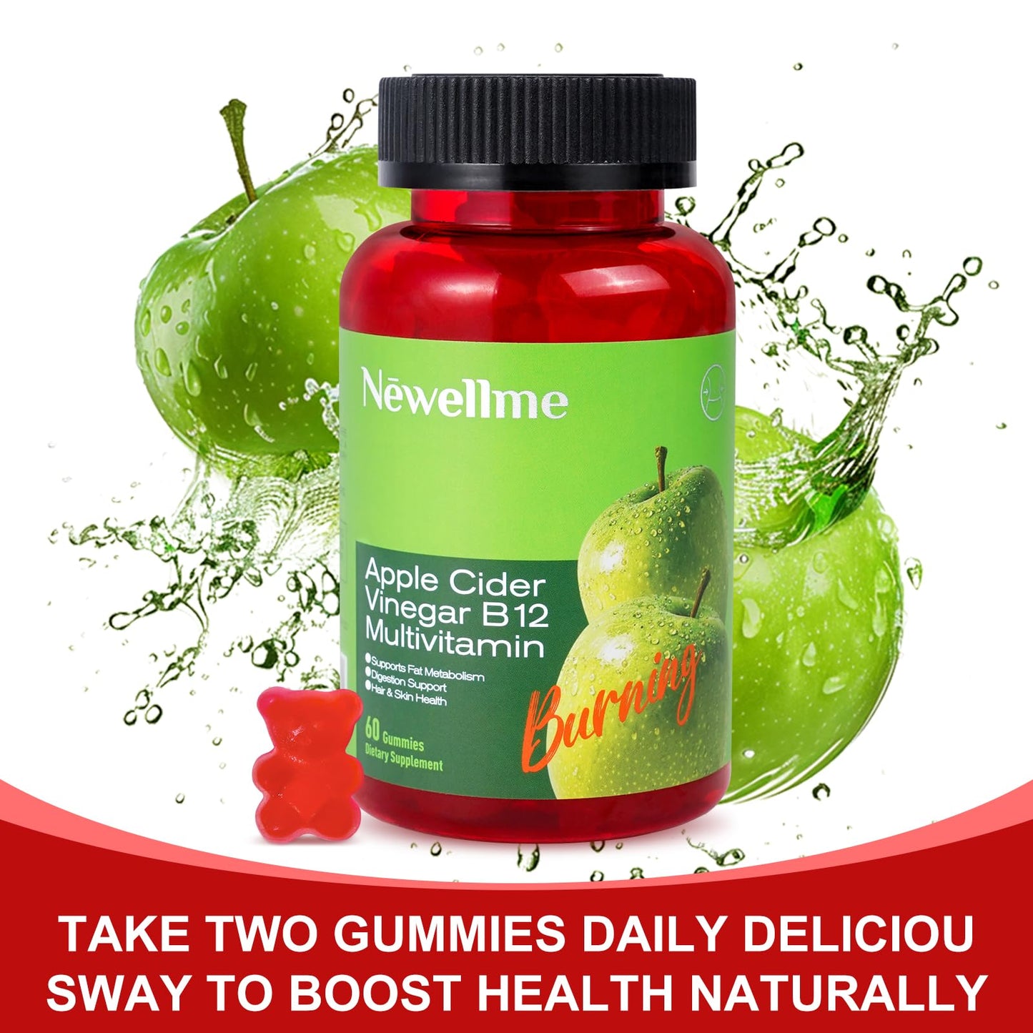 NEWELLME Sugar-Free ACV Gummies with B12 – 90 Gummies (Vegetarian, Non-GMO)
