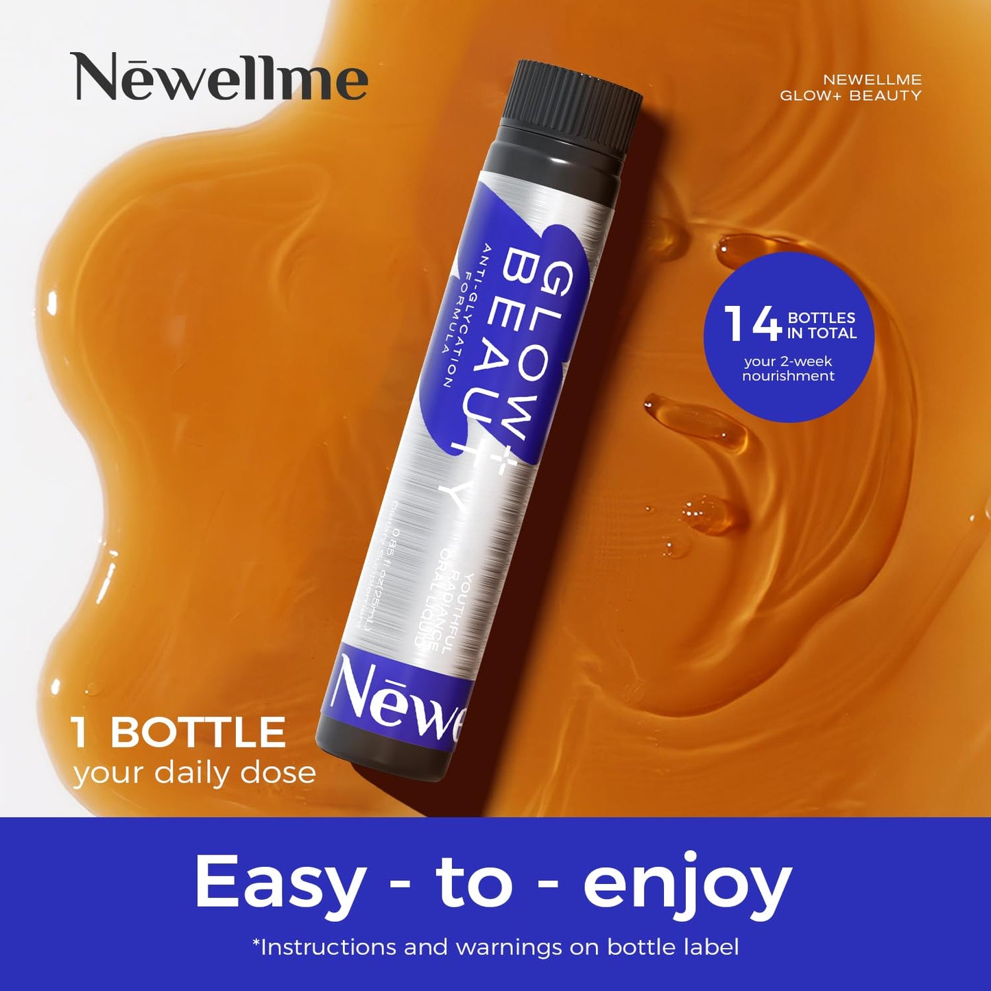 NEWELLME Glow+Beauty Collagen Drink – Liquid Beauty Supplement with Hyaluronic Acid & Antioxidants | 28 Bottles
