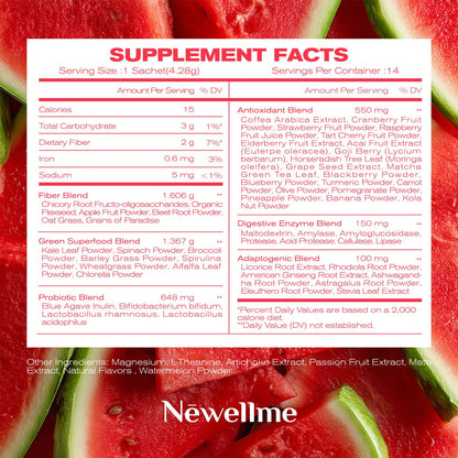 NEWELLME Happy Cleaner Super Greens & Multivitamin Powder with Alfalfa – Watermelon Flavor, 14 Pack