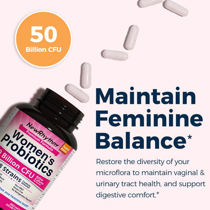 NewRhythm Women's Probiotics, Organic Cranberry for Women's Vaginal Health, 50 Billion CFU 18 Strains, Probiotics and Prebiotics, Support Digestive Health, 60 Vegan Capsules