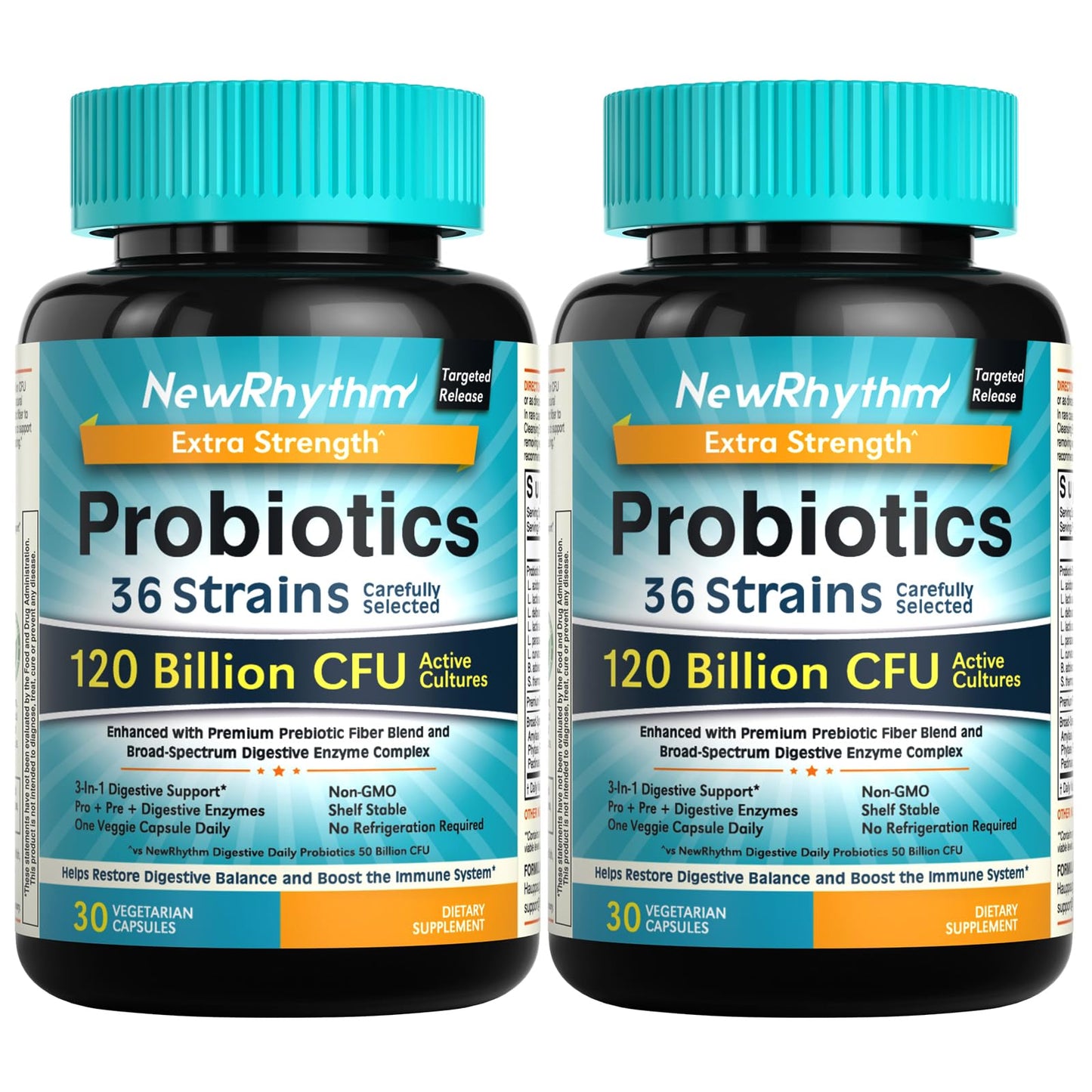 NewRhythm Probiotics 120 Billion CFU – 36 Strains, 3-in-1 Digestive Health with Prebiotics & Enzymes | 60 Count