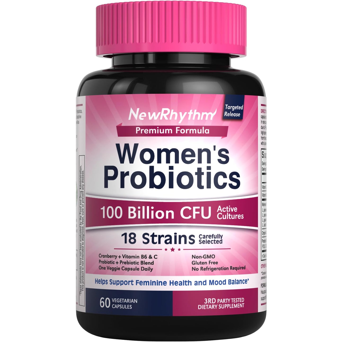 NewRhythm Probiotics for Women – 100B CFU, Cranberry, P5P, 60 Capsules