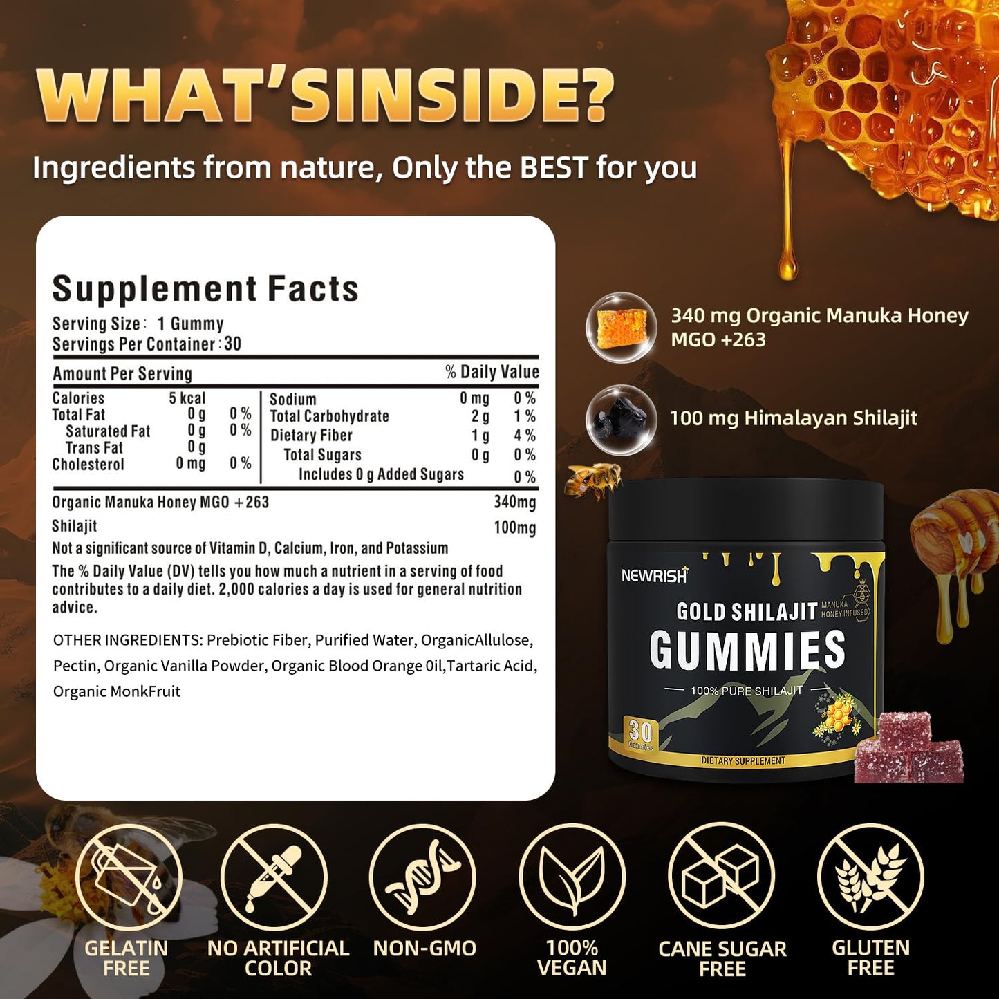 Newrish Shilajit Gummies with Manuka Honey – 30 Gummies | 85+ Trace Minerals