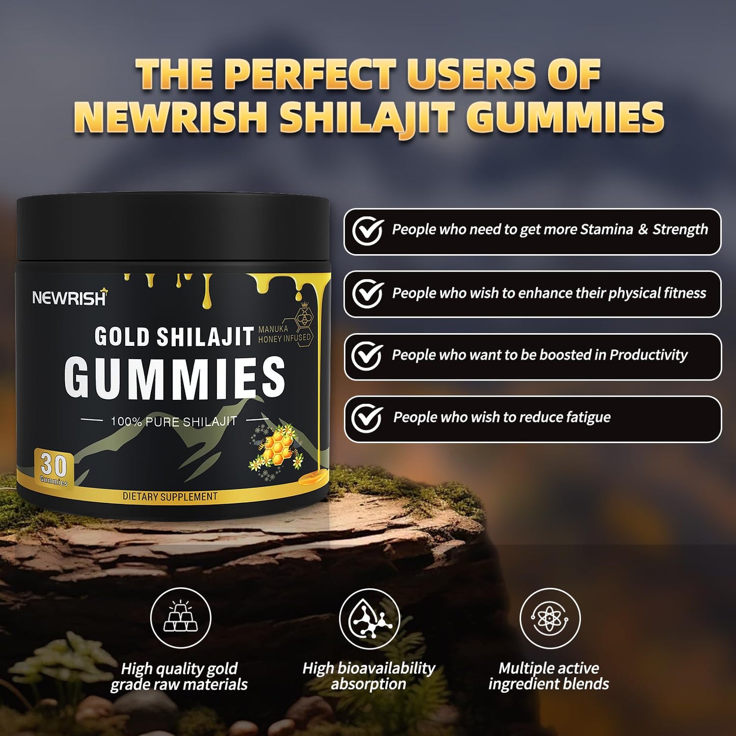 Newrish Shilajit Gummies with Manuka Honey – 30 Gummies | 85+ Trace Minerals