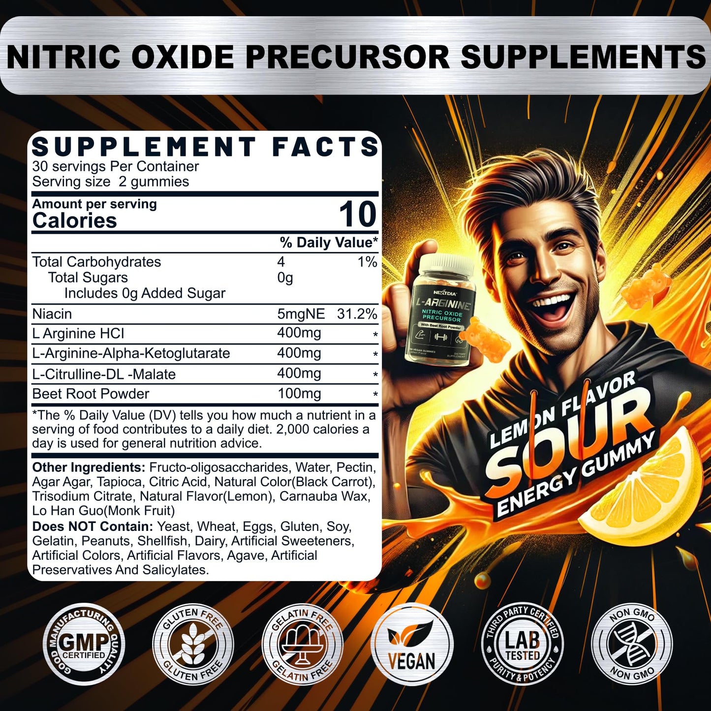 Nextdia Sugar Free L-Arginine Nitric Oxide Gummies 1300mg – Vegan, L-Citrulline, Beet Root, B3 | 60 Counts