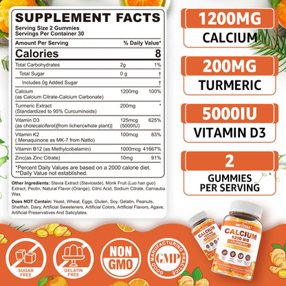 Nextdia Calcium 1200 mg Gummies with Vitamin D3 – Turmeric, K2, B12 | Sugar-Free & Vegan (60 Count)