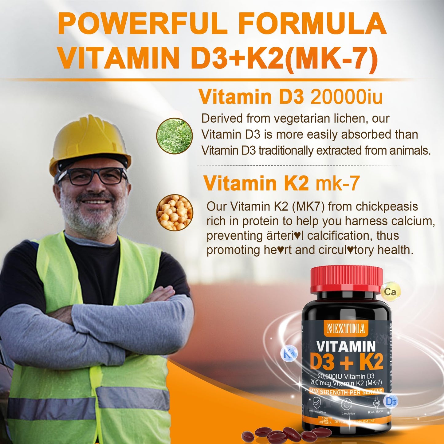 Nextdia Vitamin D3 20,000 IU + K2 MK-7 200 mcg | Strong Bones & Immunity (Pack of 2)