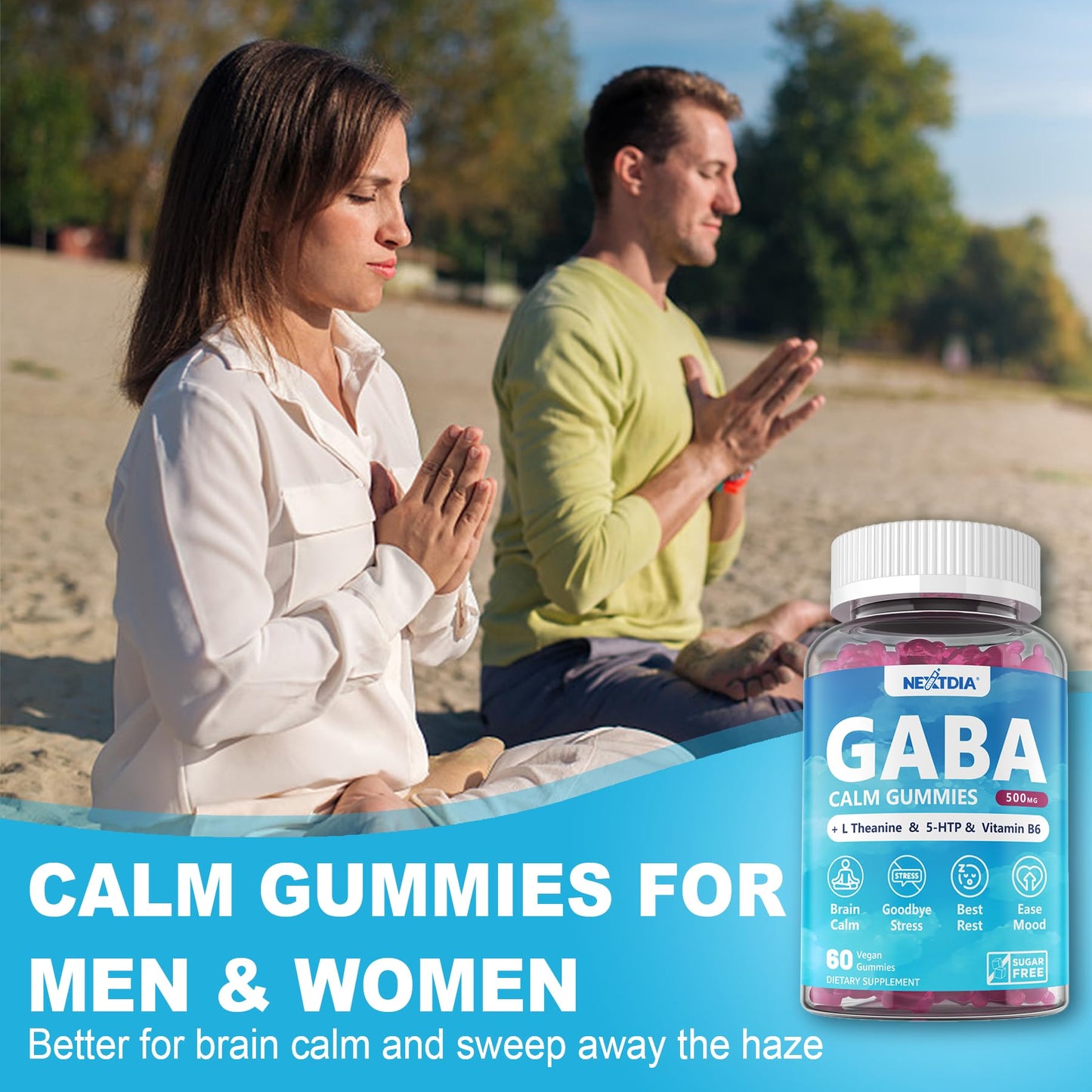 Nextdia GABA Gummies 500mg – Sugar-Free Calm Gummies with L-Theanine, 5-HTP, D3, B12 (Vegan, Blueberry)