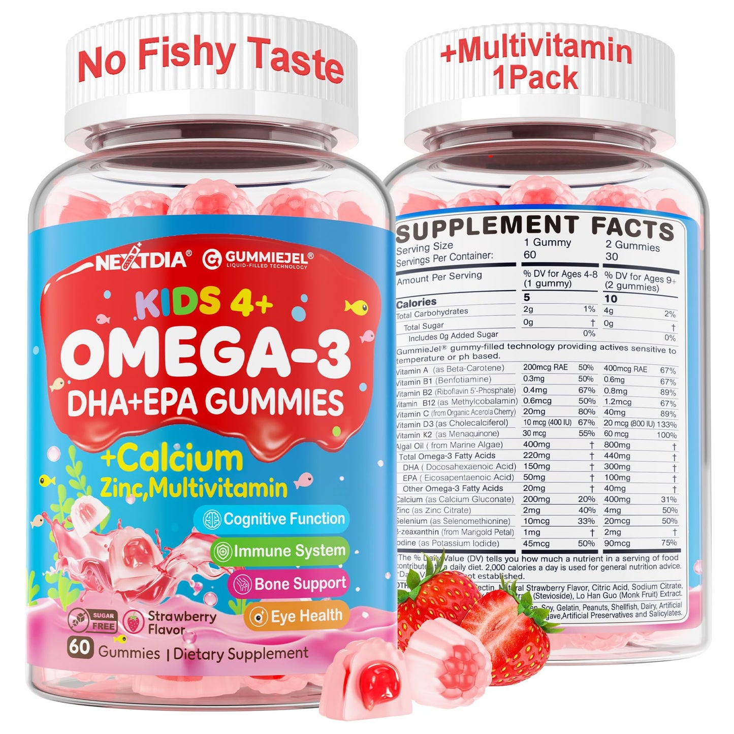 Nextdia Omega-3 Gummies for Kids – Multivitamin, Calcium, D3, K2, Zinc | Sugar Free