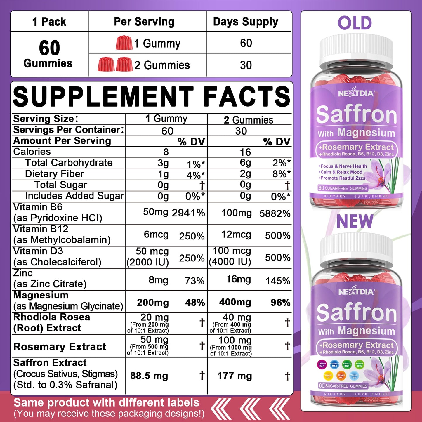 Nextdia Saffron with Magnesium Glycinate Gummies, 2 Months Supply -Sugar Free Magnesium 400/200mg w/Saffron,Rhodiola,Rosemary, B6,B12,D3 for S-leep, Calm,Focus, Relax, Nerve, Melatonin Free Gummies