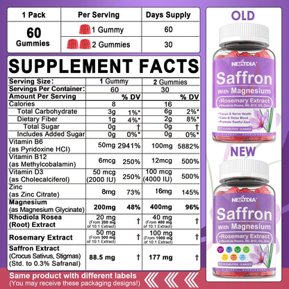 Nextdia Saffron with Magnesium Glycinate Gummies, 2 Months Supply -Sugar Free Magnesium 400/200mg w/Saffron,Rhodiola,Rosemary, B6,B12,D3 for S-leep, Calm,Focus, Relax, Nerve, Melatonin Free Gummies