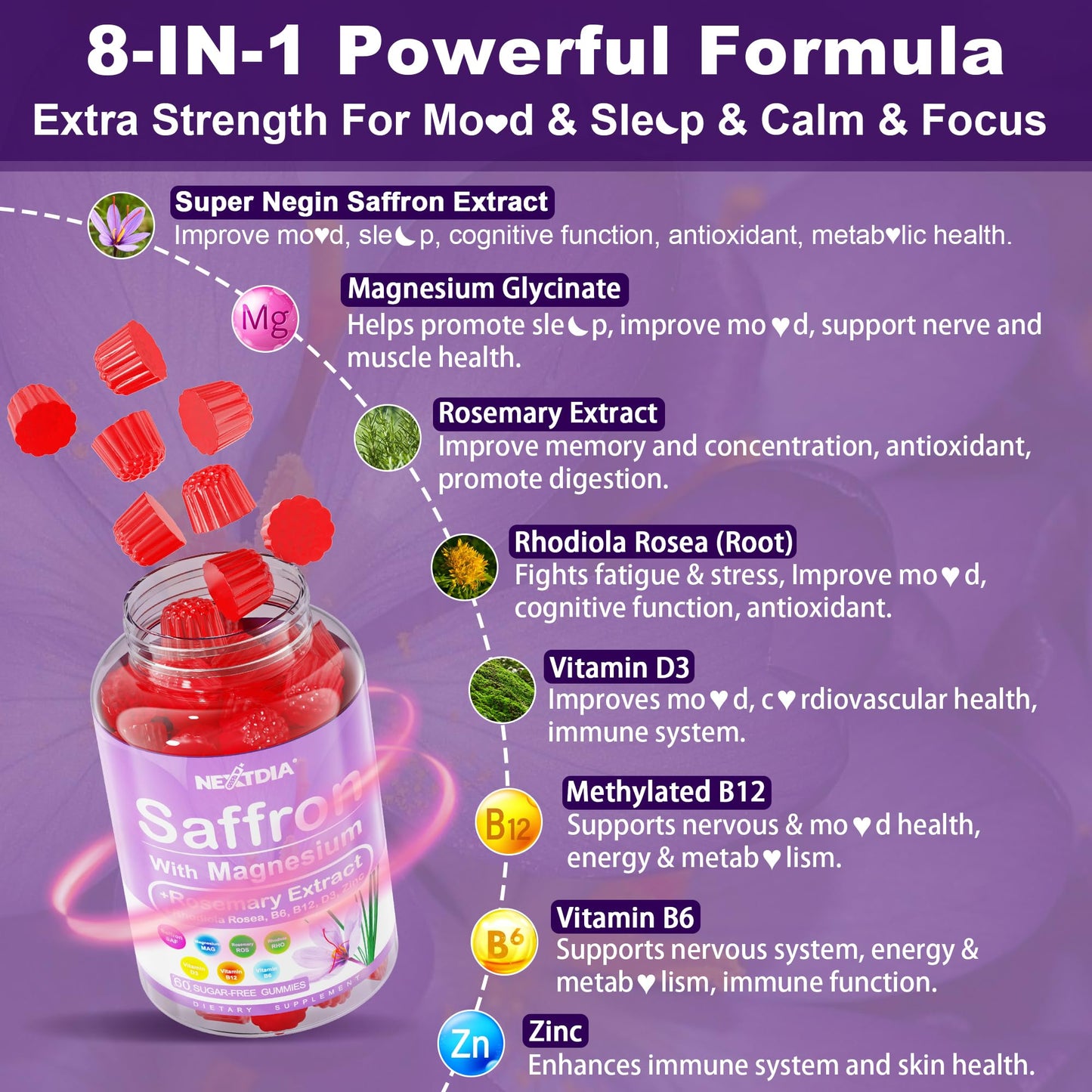 Nextdia Saffron with Magnesium Glycinate Gummies, 2 Months Supply -Sugar Free Magnesium 400/200mg w/Saffron,Rhodiola,Rosemary, B6,B12,D3 for S-leep, Calm,Focus, Relax, Nerve, Melatonin Free Gummies