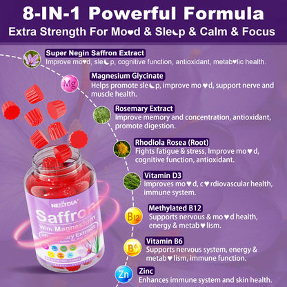 Nextdia Saffron with Magnesium Glycinate Gummies, 2 Months Supply -Sugar Free Magnesium 400/200mg w/Saffron,Rhodiola,Rosemary, B6,B12,D3 for S-leep, Calm,Focus, Relax, Nerve, Melatonin Free Gummies