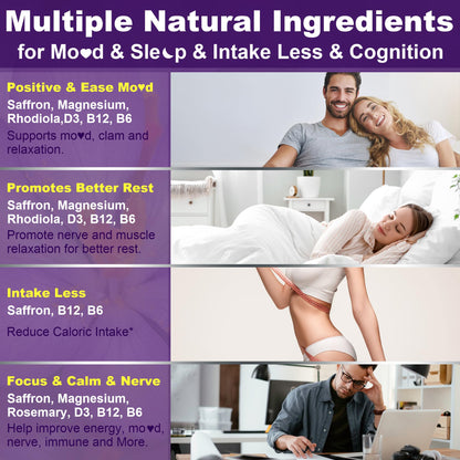 Nextdia Saffron with Magnesium Glycinate Gummies, 2 Months Supply -Sugar Free Magnesium 400/200mg w/Saffron,Rhodiola,Rosemary, B6,B12,D3 for S-leep, Calm,Focus, Relax, Nerve, Melatonin Free Gummies