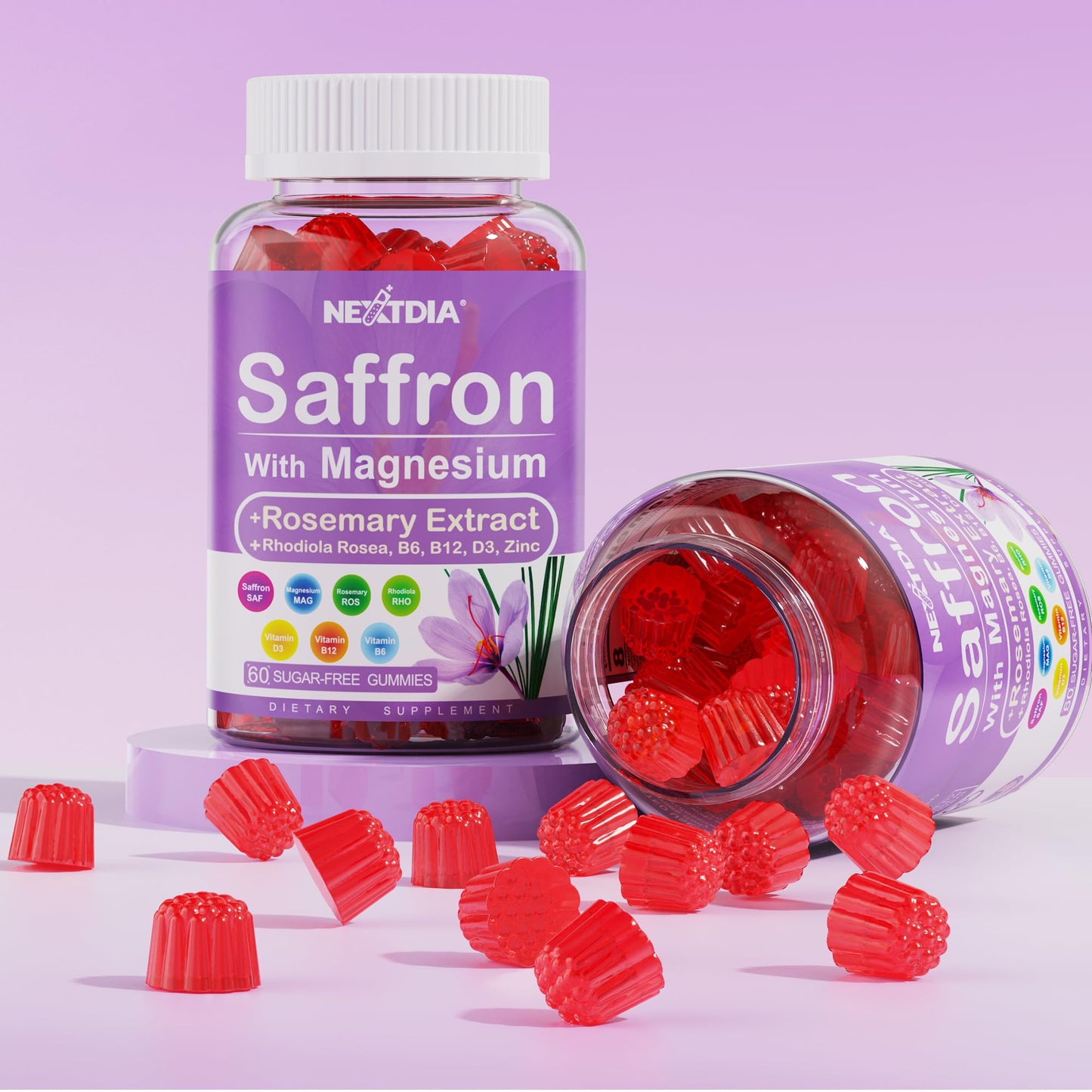 Nextdia Saffron with Magnesium Glycinate Gummies, 2 Months Supply -Sugar Free Magnesium 400/200mg w/Saffron,Rhodiola,Rosemary, B6,B12,D3 for S-leep, Calm,Focus, Relax, Nerve, Melatonin Free Gummies