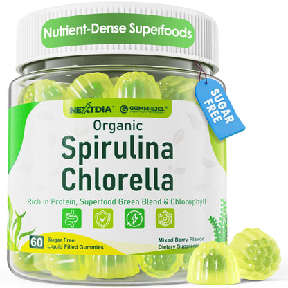 Nextdia (2 Pack) Organic Spirulina + Chlorella Gummies – Vegan Protein & Supergreens