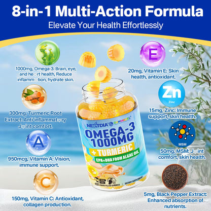 Nextdia Vegan Omega-3 Gummies 1000mg + Turmeric | Algae DHA 600mg & EPA 300mg, Sugar Free, 120 Gummies