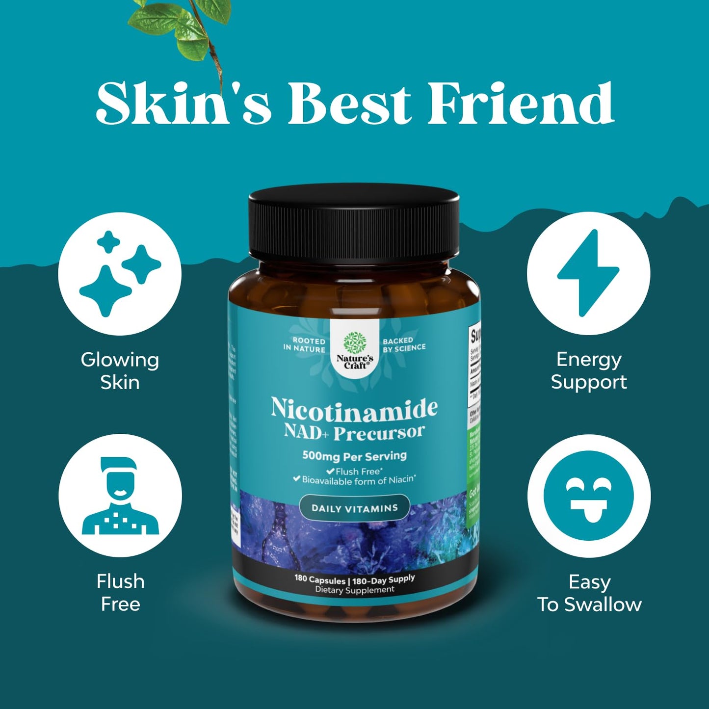 Vitamin B3 Niacinamide 500mg Capsules – Flush Free Niacin, 180 Count | Mitochondrial Energy & Skin Support