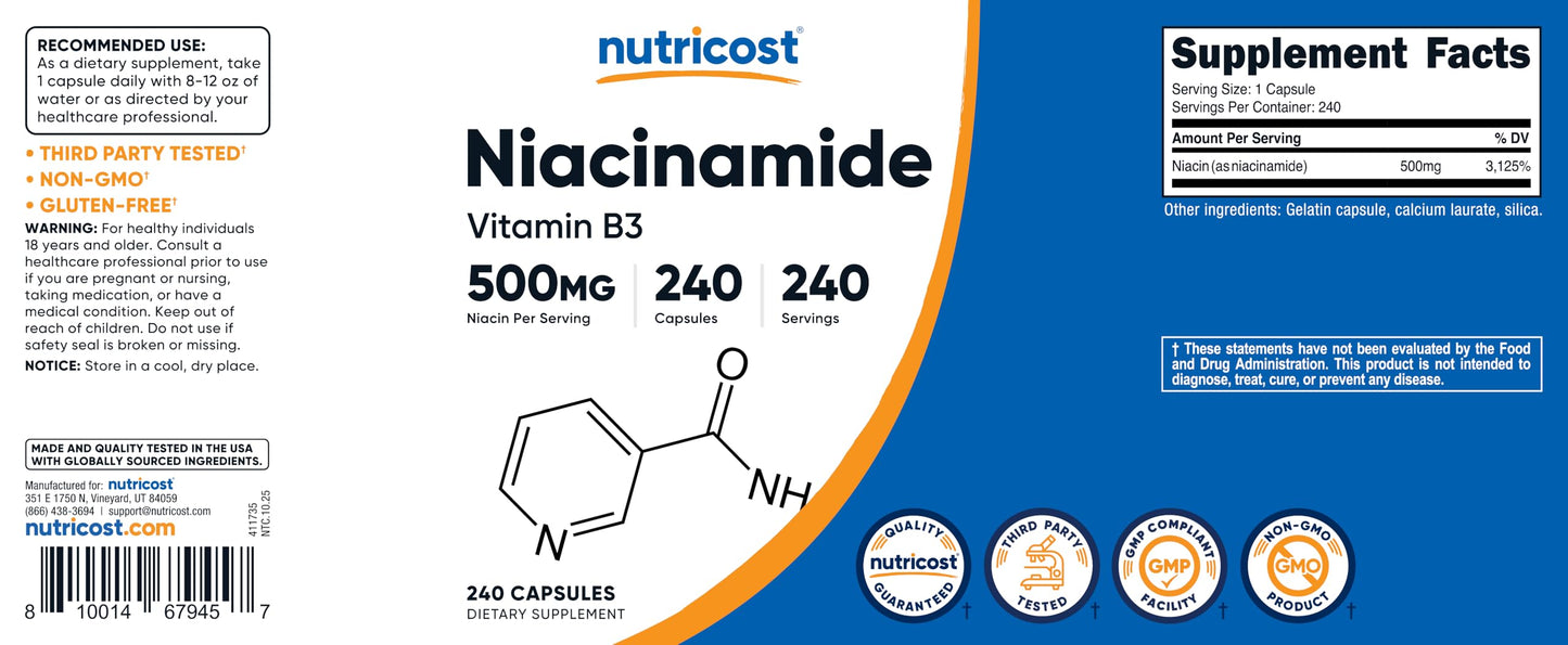 Nutricost Niacinamide 500mg (Vitamin B3) – 240 Capsules | Non-GMO, Gluten Free, Flush Free