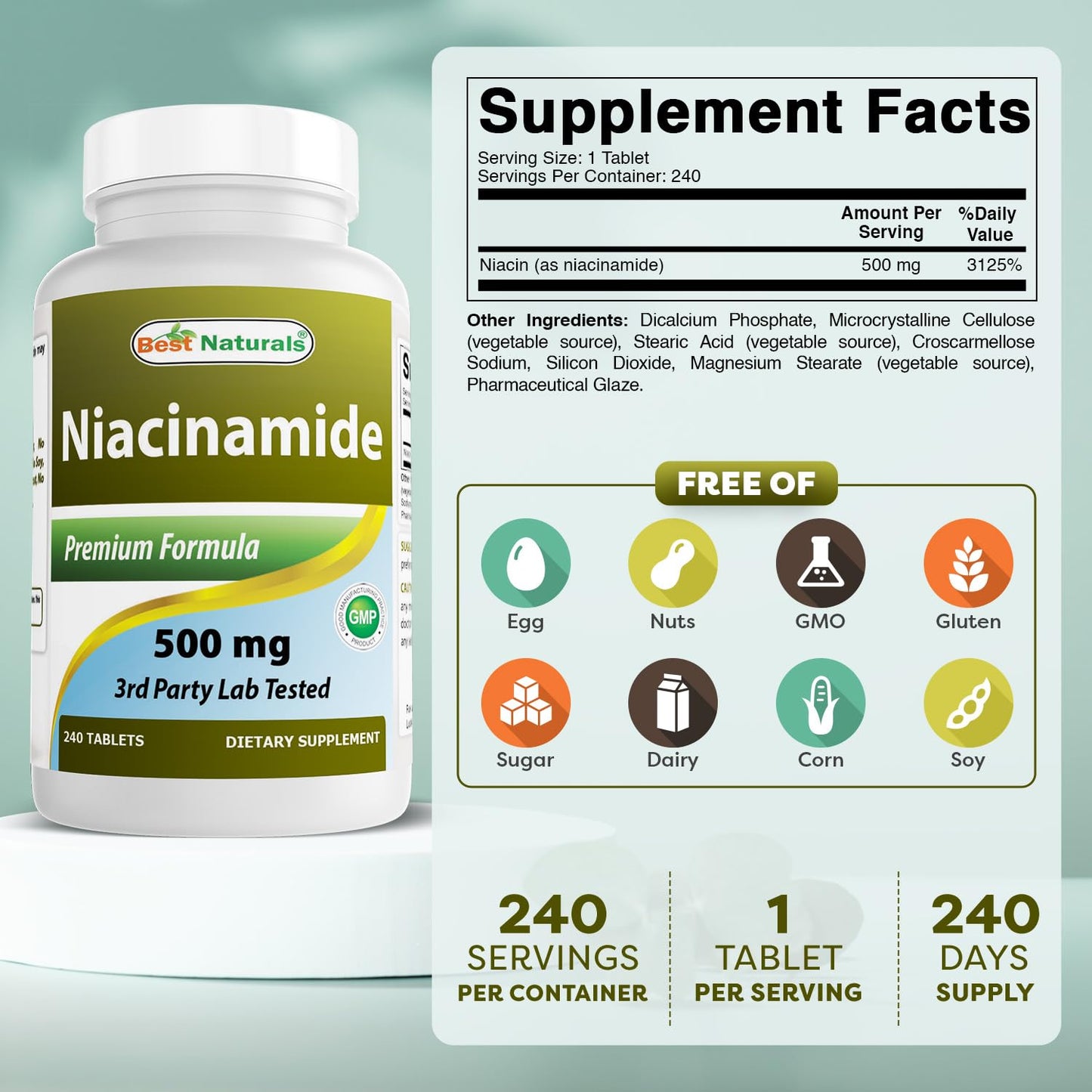 Best Naturals Niacinamide 500mg 240 Tablets (Suitable for Vegetarian) - Non-Flushing Form of Niacin (Vitamin B3)