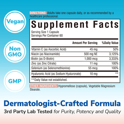 Niacinamide Vitamin B3 500mg No-Flush – 6-in-1 Skin Reset Formula with Zinc, Selenium, Biotin, Hyaluronic Acid - 60 Vegan Caps