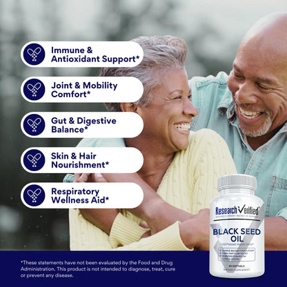 Research Verified Black Seed Oil - 90 Softgels | Cold-Pressed 2% Thymoquinone (TQ) for Immunity, Digestion & Respiratory Support