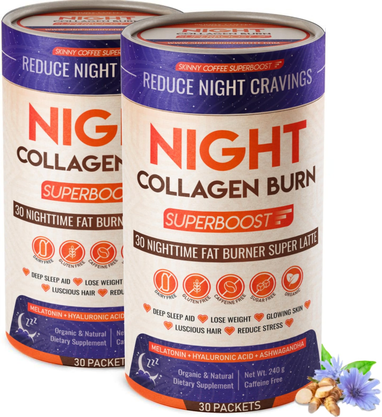 Night Collagen Burn by Skinny Coffee SuperBoost | Sleep Support, Metabolism & Cravings Control | 60 Servings