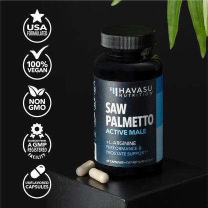 Saw Palmetto 500mg + L-Arginine 500mg — Prostate Health, Urinary Support & Endurance (60 Count) — Vegan, Non-GMO