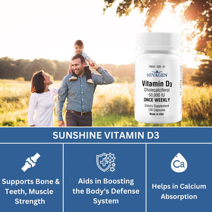 Nivagen Vitamin D3 50,000 IU Weekly Dose – 100 Capsules | Made in USA