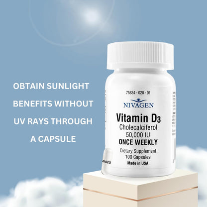 Nivagen Vitamin D3 50,000 IU Weekly Dose – 100 Capsules | Made in USA
