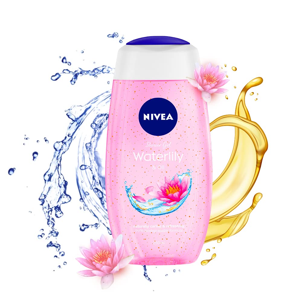 NIVEA Bath Shower Water Lily Oil – 250 ml Moisturizing Skin Cleanser with Oil Pearls & Water Lily Fragrance