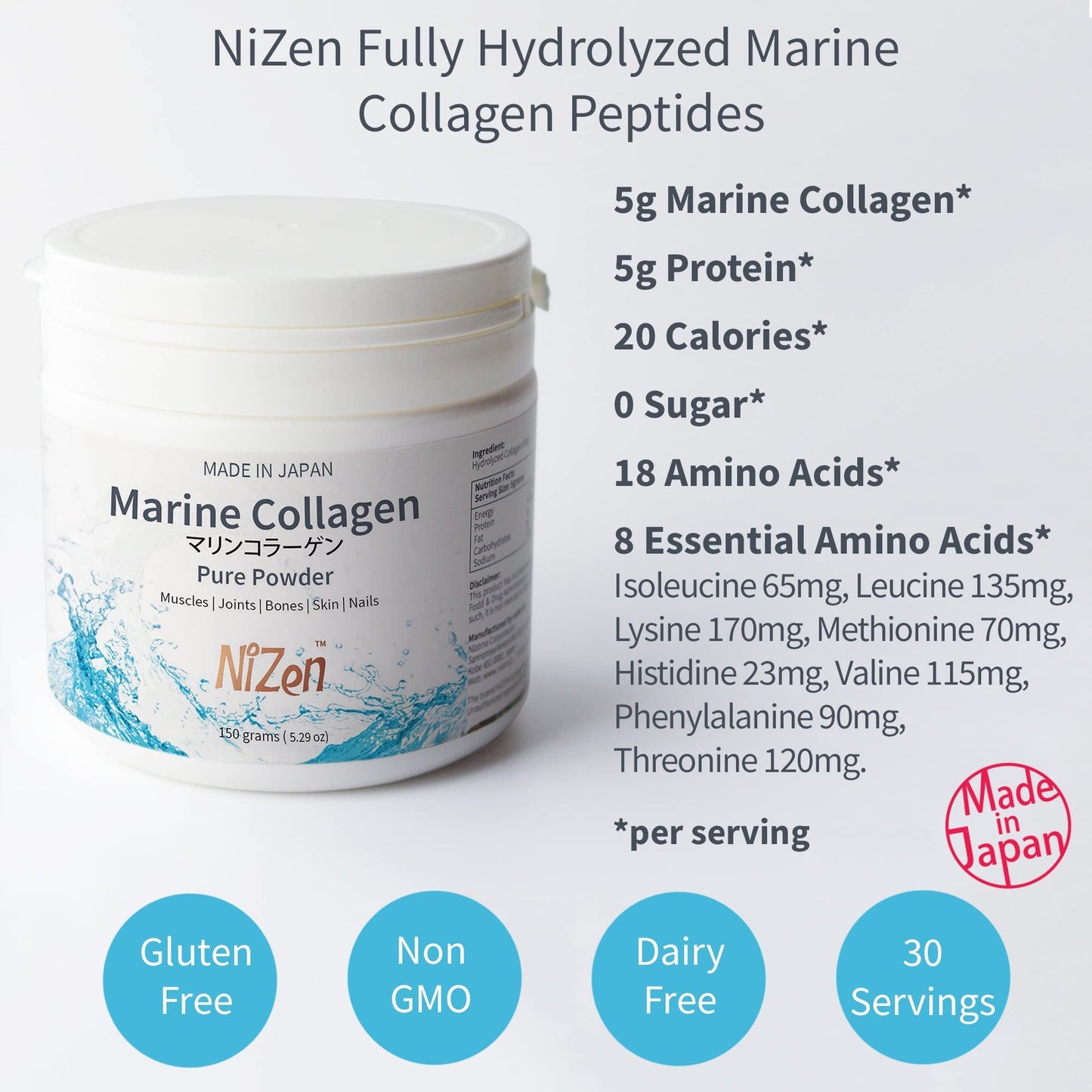 Nizen Marine Collagen PURE Powder – Unflavored, Non-Clumping, 5.29oz, Made in Japan