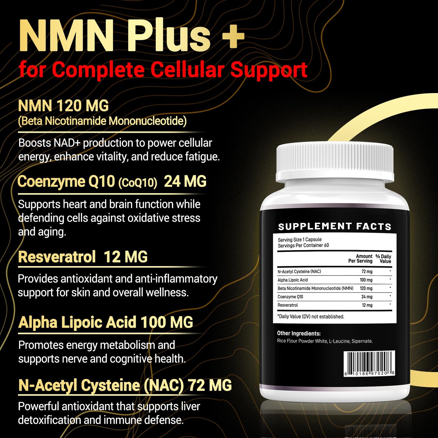 NMN Complex Plus+ with NAC, Alpha Lipoic Acid, CoQ10 & Resveratrol – 60 Capsules