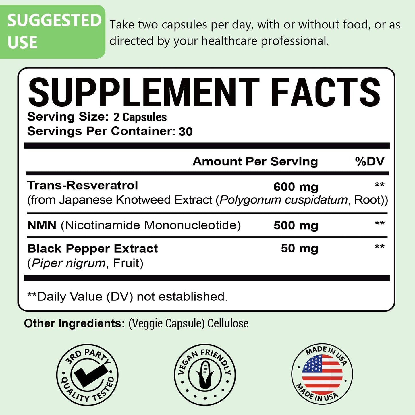 99% Ultra Purity NMN 500mg + Trans-Resveratrol 600mg - 1150mg NMN Resveratrol Supplement | 3-in-1 Formula | 60 Caps
