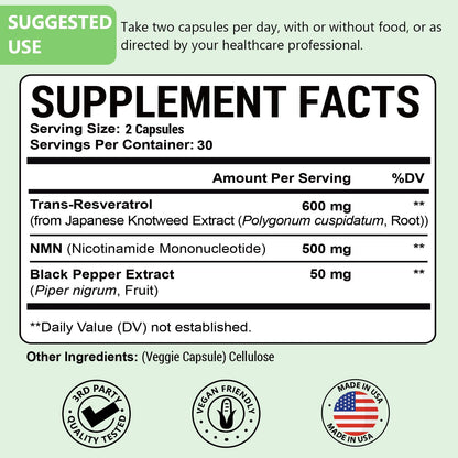 99% Ultra Purity NMN 500mg + Trans-Resveratrol 600mg - 1150mg NMN Resveratrol Supplement | 3-in-1 Formula | 60 Caps