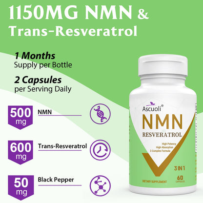 99% Ultra Purity NMN 500mg + Trans-Resveratrol 600mg - 1150mg NMN Resveratrol Supplement | 3-in-1 Formula | 60 Caps