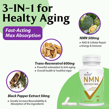 99% Ultra Purity NMN 500mg + Trans-Resveratrol 600mg - 1150mg NMN Resveratrol Supplement | 3-in-1 Formula | 60 Caps