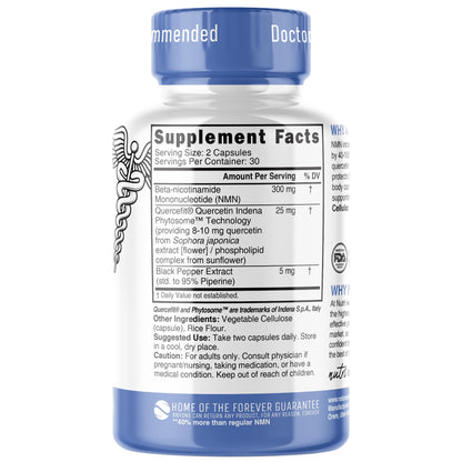 NMN Supplement 300mg NAD Supplement - Nutri Ultra High Absorption Stabilized NMN Nicotinamide Mononucleotide, 40% More NAD+ with Quercetin Phytosome & Black Pepper - mnm supplement (60 Capsules)