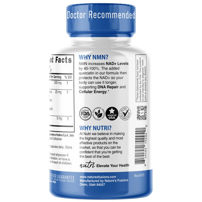 NMN 500mg NAD+ Supplement | Nutri Ultra High Absorption NMN with Quercetin Phytosome & Black Pepper - 60 Capsules