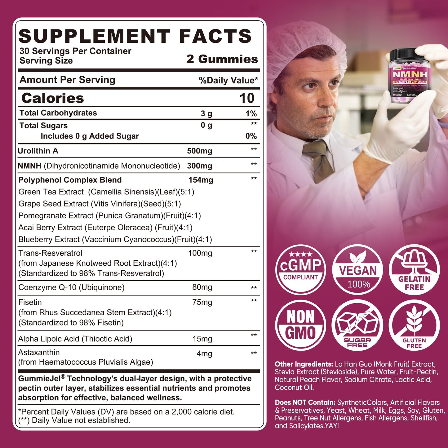 NMNH Gummies 300MG for Longevity – NAD+ Booster with Urolithin A, Polyphenols & Resveratrol | Sugar-Free 60ct