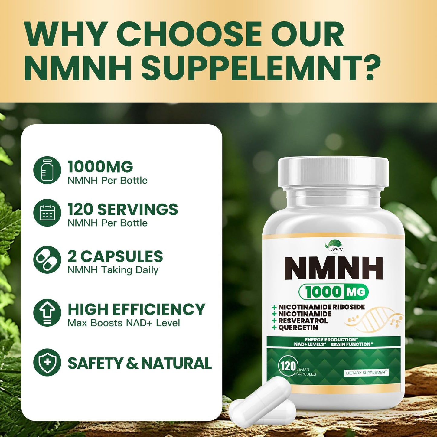 NMNH (Dihydronicotinamide Mononucleotide) NMNH 1000mg - NAD+ Support, Energy & Focus, 120 Capsules