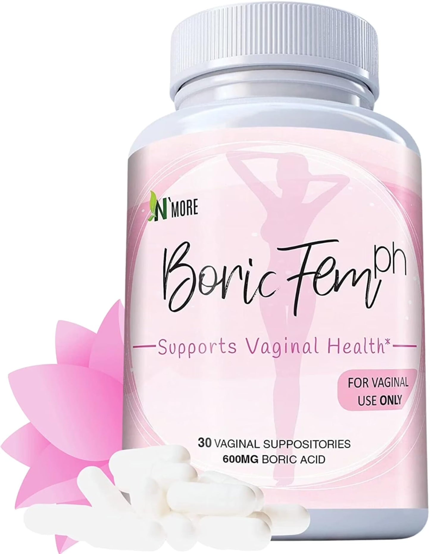 N'More Boricfem Vaginal Health Suppositories - 100% Pure Boric Acid, Made in USA | 30 Servings