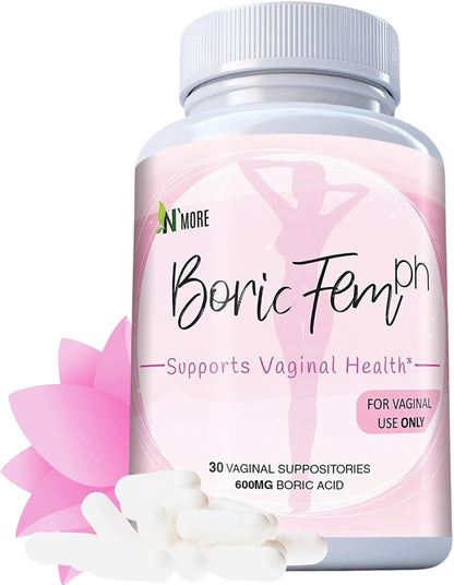 N'More Boricfem Vaginal Health Suppositories - 100% Pure Boric Acid, Made in USA | 30 Servings