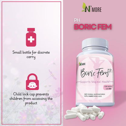 N'More Boricfem Vaginal Health Suppositories - 100% Pure Boric Acid, Made in USA | 30 Servings