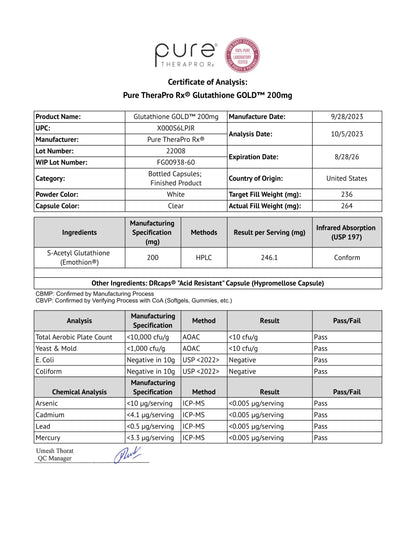 Pure Therapro Rx S-Acetyl Glutathione Gold 200mg – 2 Month Supply, Acid-Resistant Capsule, Pharmaceutical Grade