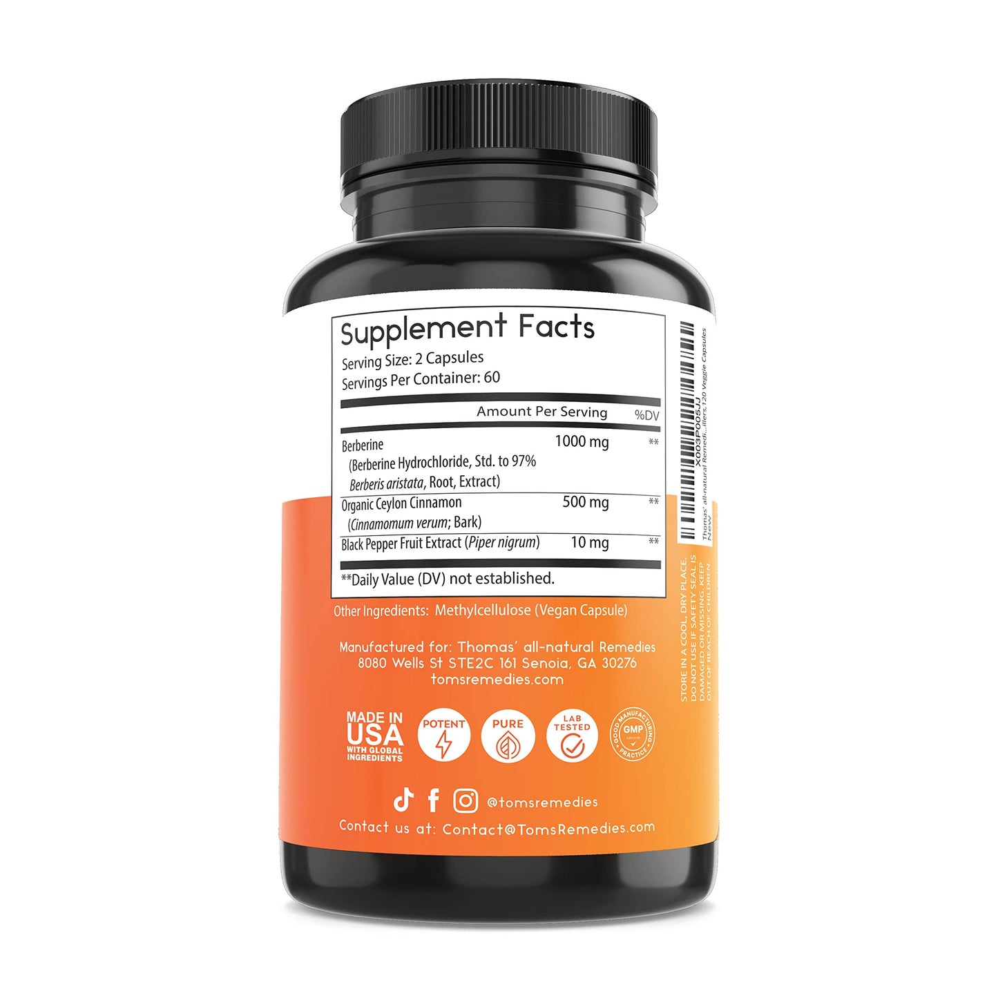 Thomas' All-Natural Berberine 500mg (1000mg per serving) - 120 Vegan Capsules