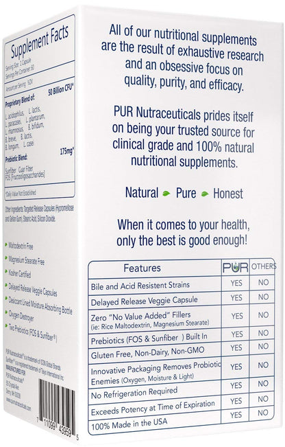 PUR Nutraceuticals Clinical Grade Probiotics - 50 Billion CFUs, 10 Strains, 2 Month Supply, Made in USA