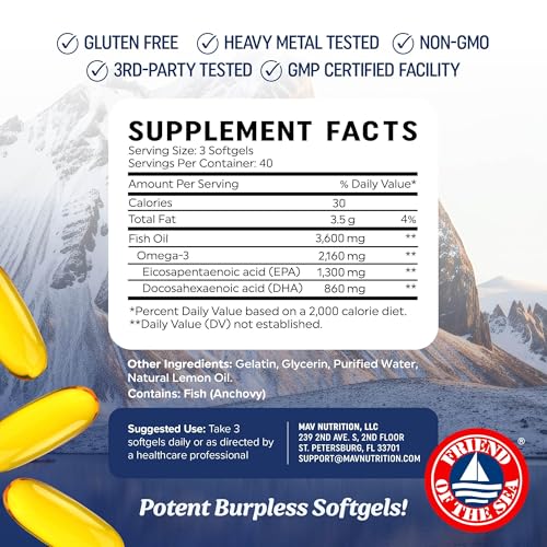 Triple Strength DHA Omega-3 3600mg | 120 Count | Wild-Caught Burpless